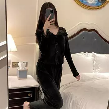 Осенне-зимний пижамный комплект Island Velvet V-образный вырез кружева домашняя одежда женская пижама свободные топы брюки домашняя одежда M белый