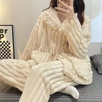 Осенне-зимний пижамный костюм, женское кружевное пальто с длинными рукавами + фланелевые штаны, одежда для сна для девочек, милая верхняя одежда принцессы из кораллового флиса WZ2076 L