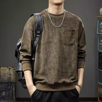 Осенне-зимний плотный немецко-австрийский бархатный свитер с круглым вырезом, мужская американская модная фирменная печатная текстура, свободная рубашка большого размера из бархата S кофейный