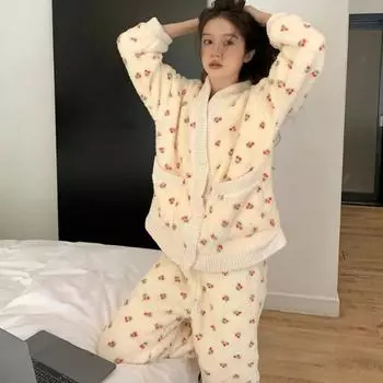 Осенне-зимний плотный сладкий и красивый вишневый пижамный комплект для женщин, коралловый бархат, приятная для кожи теплая домашняя одежда M