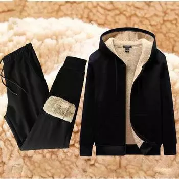 Осенне-зимний плюшевый и утолщенный овчинный кардиган на молнии с капюшоном для мужчин со свободным воротом для людей среднего возраста и молодежи, теплый костюм M чёрный