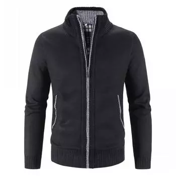 Осенне-зимний плюшевый утолщенный свитер, вязаный свитер, мужской, большого размера, воротник-стойка, термосвитер, куртка M чёрный