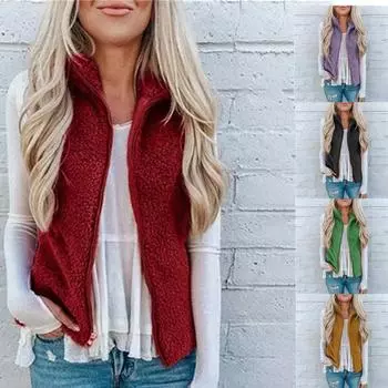 Осенне-зимний плюшевый женский кардиган на молнии с карманами и молнией, однотонная куртка, плюшевый жилет без рукавов с лацканами, пальто L чёрный