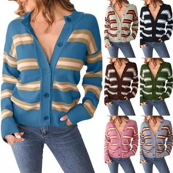 Осенне-зимний полосатый кардиган с цветными блоками на пуговицах с длинными рукавами, женская одежда XL