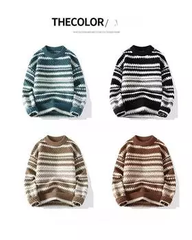 Осенне-зимний полосатый свитер мужской круглый вырез толстый ленивый стиль свитер модный парный стиль универсальный свободный свитер M