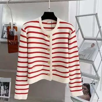 Осенне-зимний полосатый вязаный кардиган женский зимний однорядный свитер с металлической пряжкой карман кардиганы короткая куртка-свитер S красный