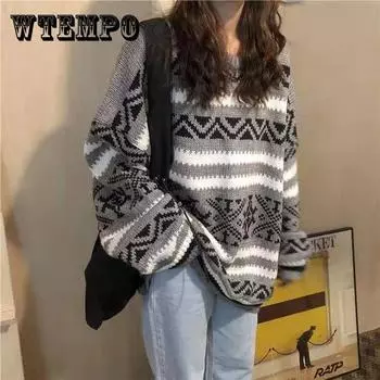 Осенне-зимний полосатый жаккардовый свитер с длинными рукавами, свободный женский свитер с круглым вырезом, дикий XL серый