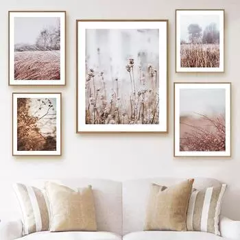 Осенне-зимний постер со снежной сценой, тростниковые полевые цветы, живопись, принты из сосны, постеры с сеном, скандинавский холст, художественные фотографии, украшение 21*30cm
