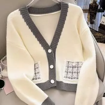 Осенне-зимний повседневный кардиган с длинным рукавом, свитер для женщин, модная куртка с V-образным вырезом, элегантные вязаные кардиганы для женщин, облегающий винтажный женский трикотаж 24793 One Size белый