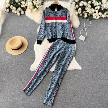 Осенне-зимний повседневный кардиган с принтом в Европе и США плюс повседневные брюки, костюм-двойка