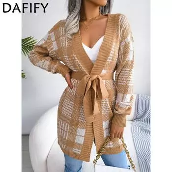 Осенне-зимний повседневный кардиган-свитер с длинными рукавами и решетчатым ремешком S