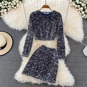 Осенне-зимний повседневный модный блестящий топ с круглым вырезом и пайетками, высокая талия, открытая полуюбка на бедрах, комплект из двух предметов