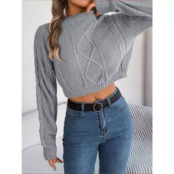 Осенне-зимний повседневный однотонный пуловер с длинными рукавами и свитер с пупком S серый