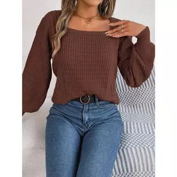 Осенне-зимний повседневный однотонный вязаный пуловер с квадратным воротником и рукавами-фонариками S зелёный