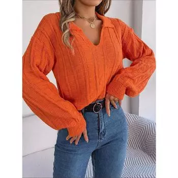 Осенне-зимний повседневный однотонный вязаный пуловер в клетку с лацканами и длинными рукавами S оранжевый