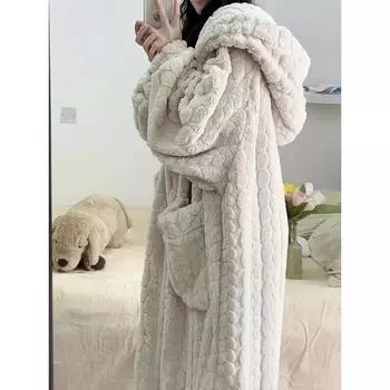 Осенне-зимний повседневный однотонный жаккардовый шерстяной стеганый халат, длинный рукав, капюшон, застегивающийся на пуговицы, с карманами, женские пижамы и платья L белый