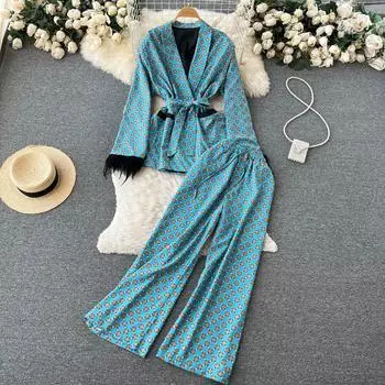 Осенне-зимний повседневный пиджак с v-образным вырезом в японском стиле и широкими брюками, женский комплект из двух предметов