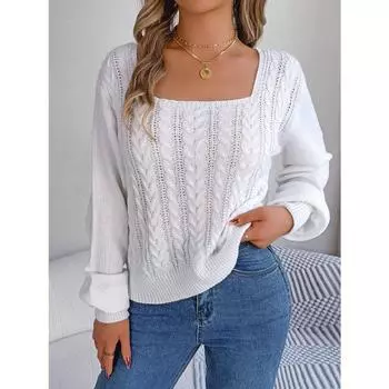 Осенне-зимний повседневный пуловер с квадратным вырезом и рукавами-фонариками, свитер S белый