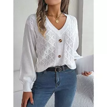 Осенне-зимний повседневный пуловер с пуговицами и рукавами-фонариками S белый