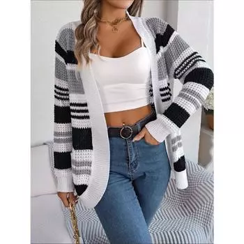 Осенне-зимний повседневный свитер-кардиган контрастного цвета с карманами и длинными рукавами в полоску S зелёный