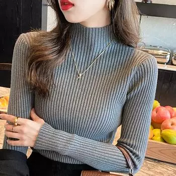 Осенне-зимний повседневный свитер с длинным рукавом, трикотажные изделия, свитер с полувысоким воротом, однотонный трикотажный женский офисный женский элегантный облегающий свитер 24977 One Size белый