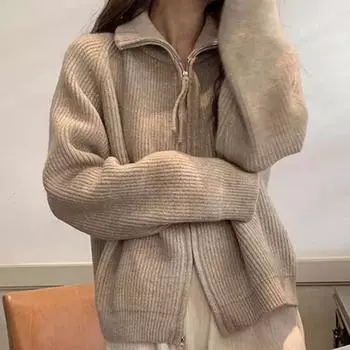 Осенне-зимний повседневный вязаный кардиган для женщин с двойной молнией на лацканах, однотонная верхняя одежда, свитер для женщин, топы, модные теплые трикотажные изделия с длинным рукавом 24725 One Size белый