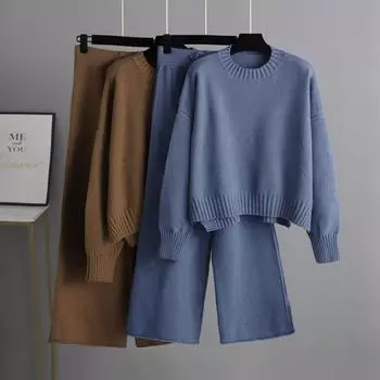 Осенне-зимний повседневный вязаный пуловер, костюм, брюки, женский свободный свитер, широкие брюки, комплект из двух предметов OneSize чёрный