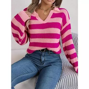 Осенне-зимний повседневный вязаный пуловер с длинными рукавами и лацканами в контрастную полоску S синий