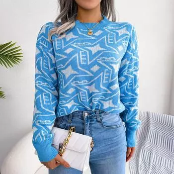 Осенне-зимний повседневный вязаный свитер контрастного цвета со звездами и длинными рукавами S синий