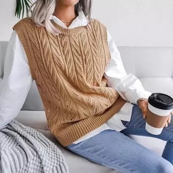 Осенне-зимний повседневный вязаный жилет с круглым вырезом и полыми листьями, свитер S белый