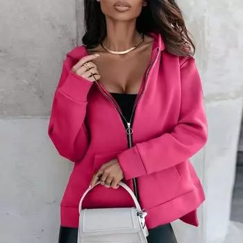 Осенне-зимний повседневный женский кардиган с капюшоном, пальто, модная свободная женская куртка с капюшоном, элегантные однотонные толстовки на молнии больших размеров 24727 S арбуз красный