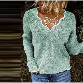 Осенне-зимний повседневный женский вязаный свитер с V-образным вырезом и длинными рукавами S синий