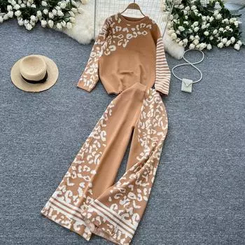 Осенне-зимний принт трикотажные брюки комплект из двух предметов женский свитер с круглым вырезом и брюки длиной до щиколотки свитер спортивный костюм One size темно-коричневого