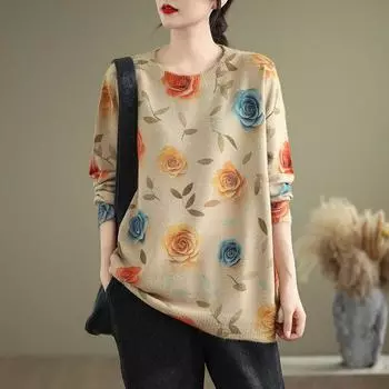 Осенне-зимний принтованный модный круглый вырез вязаный свитер свободные повседневные женские пуловеры и длинные рукава (Женский) One Size