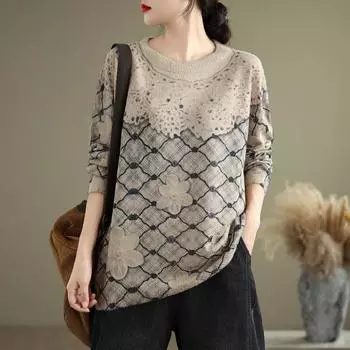 Осенне-зимний принтованный модный свитер с круглым вырезом, свободный повседневный свитер с длинными рукавами, пуловеры и длинные рукава (Женский) One Size
