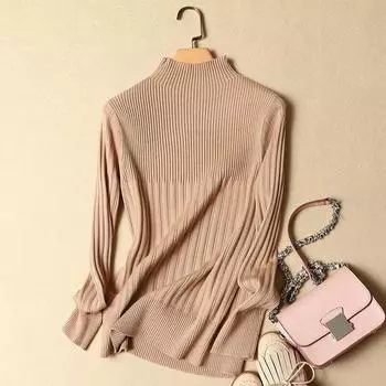 Осенне-зимний приталенный пуловер, модный свитер с высоким воротником, женский вязаный низ с длинными рукавами, верхняя одежда 28979 One Size верблюд