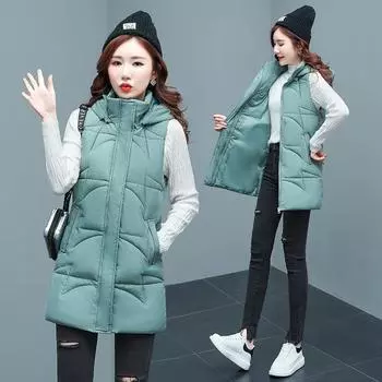 Осенне-зимний пуховый жилет из хлопка для женщин корейской версии, облегающий крой, утолщенный жилет из хлопка, жилет, куртка L чёрный