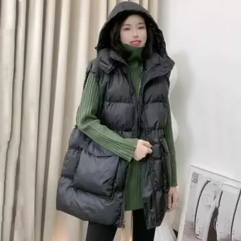 Осенне-зимний пуховый жилет, женская верхняя одежда, средняя и длинная, с капюшоном, свободная, 2024, новый легкий и тонкий 90% белый жилет из утиного пуха S90-52.5 kg чёрный