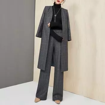Осенне-зимний пуловер из двух частей, шерстяное пальто, широкие брюки, повседневный костюм XL шифер серый