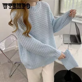 Осенне-зимний пуловер однотонный свитер женский свободный пуловер гофрированный низ вязаный свитер верх One Size
