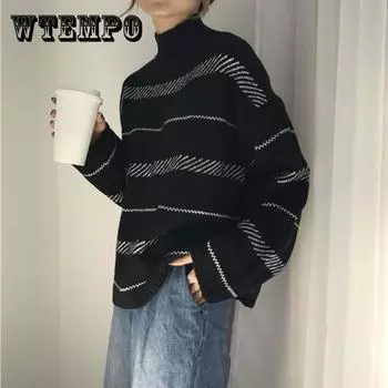 Осенне-зимний пуловер, полосатая водолазка, короткий свитер, женский свободный свитер с длинными рукавами XL белый
