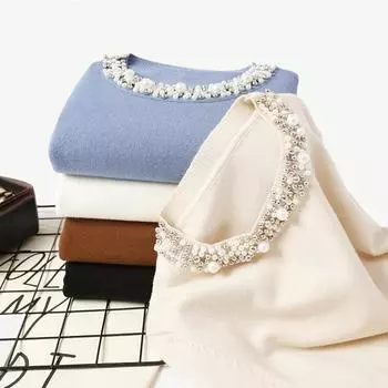 Осенне-зимний пуловер с бисером, женский свитер с круглым вырезом и длинным рукавом, однотонный свободный трикотаж, топы OneSize чёрный