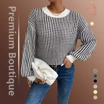 Осенне-зимний пуловер с круглым вырезом для женщин с вертикальным узором, повседневный вязаный топ L чёрный