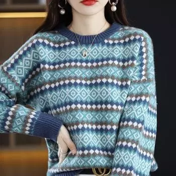 Осенне-зимний пуловер, свитер 2022, полосатый подшерсток в национальном стиле, модный женский ленивый высококачественный винтажный вязаный свитер One Size синий