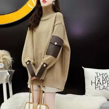 Осенне-зимний пуловер, свитер 2022, женская верхняя одежда, свитер с высоким воротником, дизайн, повседневный свободный трикотаж с подкладкой, женский пуловер One Size чёрный