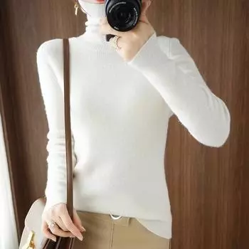 Осенне-зимний пуловер, женский базовый свитер, полувысокий ворот, длинный рукав, вязаный свитер, модный, облегающий, женский, теплый, элегантный, повседневный, женский джемпер 25062 S белый