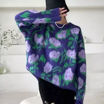 Осенне-зимний пуловер, женский свитер 2022, модный повседневный женский свитер, пуловеры с цветочным принтом, теплый свитер для девочек-подростков One Size фиолетовый