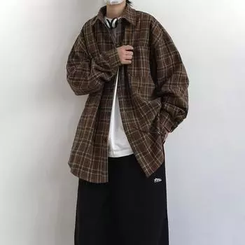 Осенне-зимний японский ретро комбинезон клетчатая рубашка для мужчин и женщин в студенческом стиле, толстая простая повседневная рубашка с длинным рукавом, пальто M