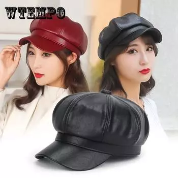 Осенне-зимний ретро-берет из искусственной кожи, однотонная универсальная восьмиугольная шляпа для женщин чёрный