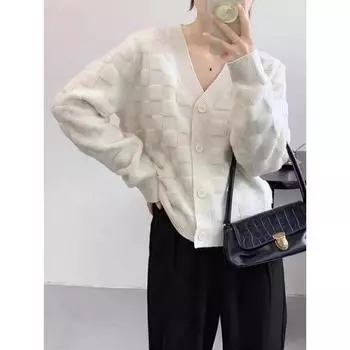 Осенне-зимний ретро-кардиган с квадратным V-образным вырезом, однобортный, с вышивкой полотенцем, однотонный кардиган, свитер, куртка one size бежевый